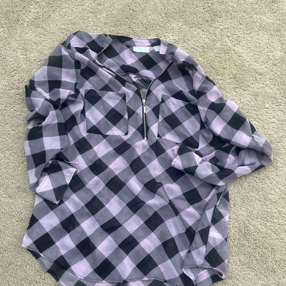 New York & Company Pink and Black Plaid Top